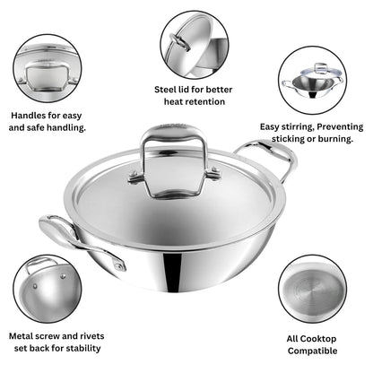 Vinod Platinum Triply Stainless Steel Extra Deep Kadai with Lid