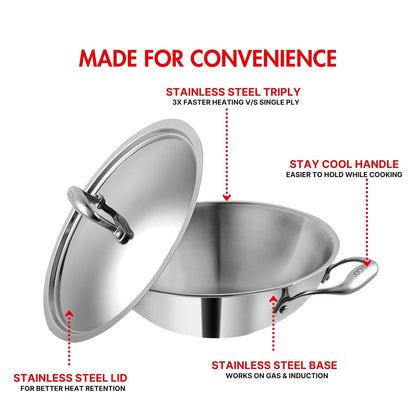 Vinod Platinum Triply Stainless Steel Extra Deep Kadai with Lid