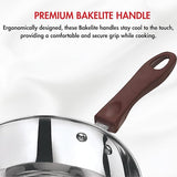 Stainless steel pot with a brown bakelite handle on a white background