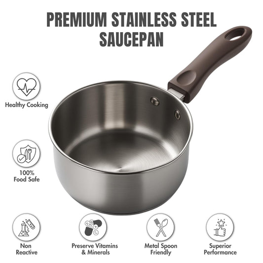 Vinod Stainless Steel Regular Saucepan - SAS Induction Friendly Bottom, Mirror Polished Body, Size Range 12cm to 18cm | Vinod Cookware India