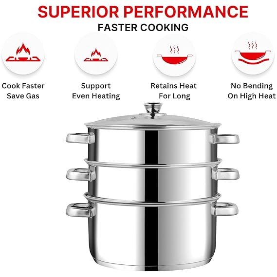 Vinod 3 Tier Steamer - SAS Bottom Even Heat for Momos Dhokla Vegetables | Vinod Cookware