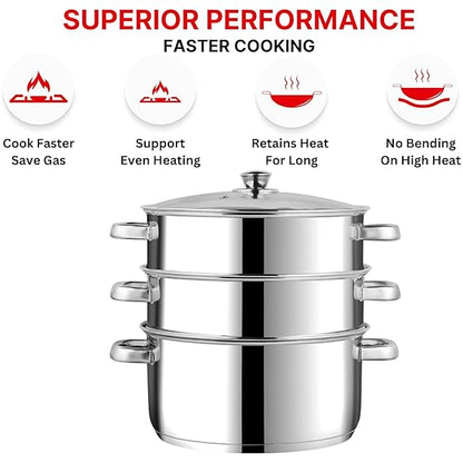 Vinod 3 Tier Steamer - SAS Bottom Even Heat for Momos Dhokla Vegetables | Vinod Cookware