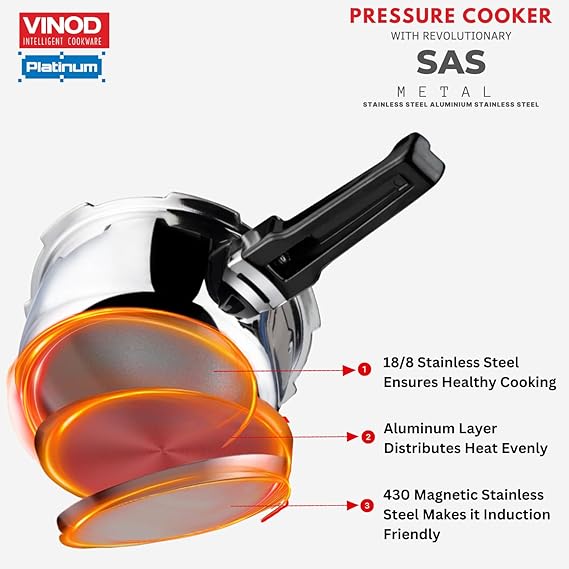 Vinod Platinum Plus Outer Lid Pressure Cooker - Ergonomic Handle and Locking Mechanism | Vinod Cookware India