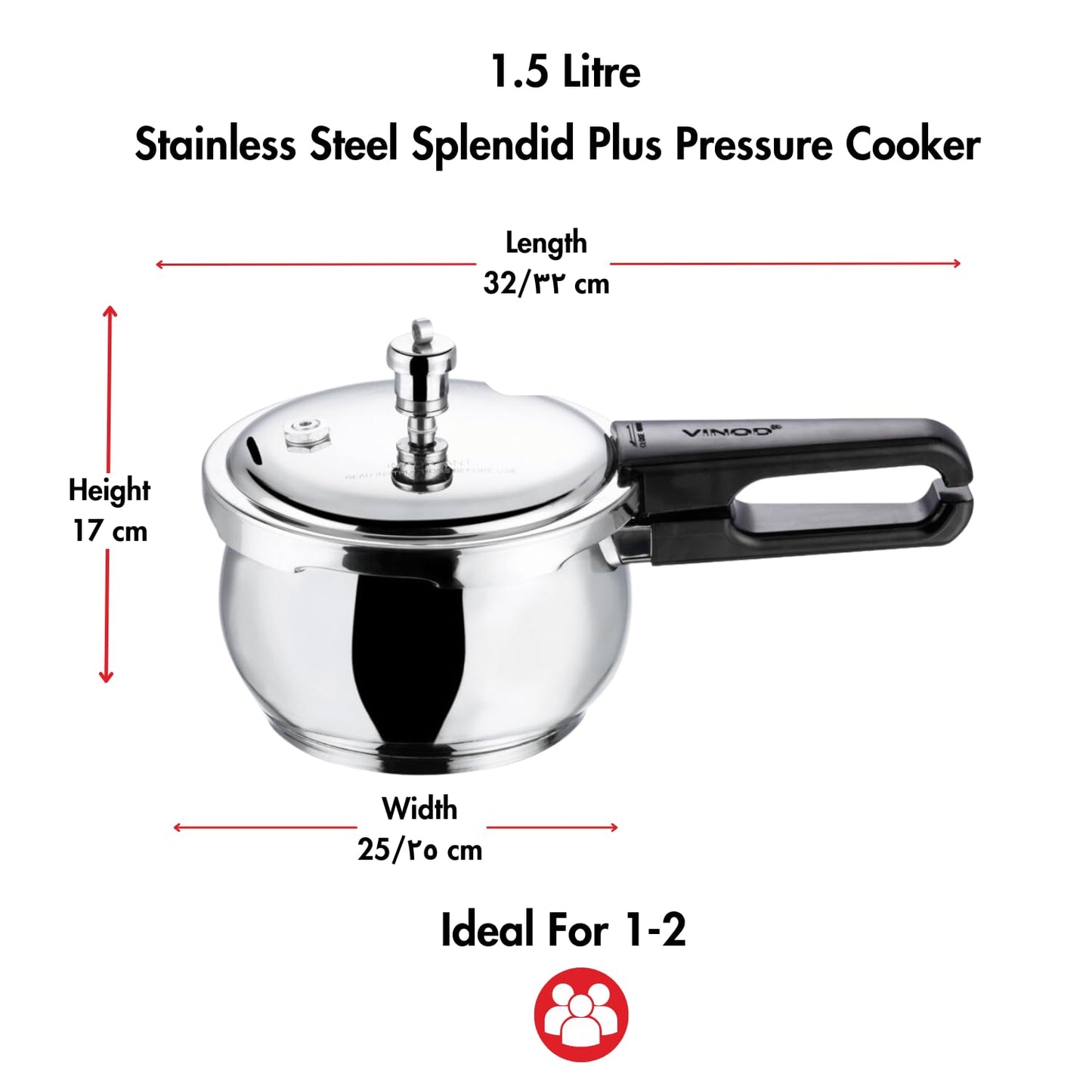 Vinod Splendid Plus Pressure Cooker - Dimension View with Capacity Guide, Heavy Gauge 18/8 Stainless Steel, Mirror Polish Finish | Vinod Cookware India