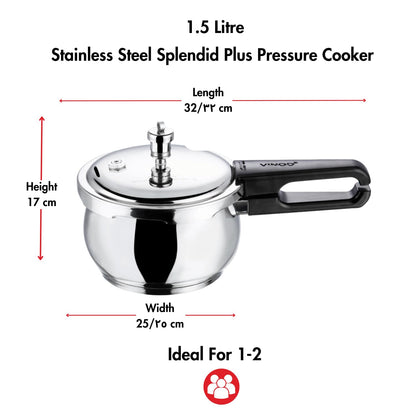 Vinod Splendid Plus Pressure Cooker - Dimension View with Capacity Guide, Heavy Gauge 18/8 Stainless Steel, Mirror Polish Finish | Vinod Cookware India
