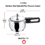 Stainless Steel Splendid Plus Pressure Cooker with dimensions and features on a white background