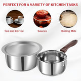 Stainless steel pots with a wooden handle on a white background, shown with images of tea, coffee, sauces, and boiling milk.