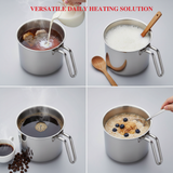 Stainless steel pot being used for various daily heating solutions including tea, milk, coffee, and a breakfast bowl.