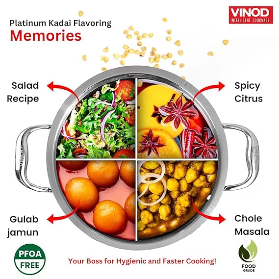 Metallic kadai with compartments labeled for different recipes and flavors, featuring Vinod Intelligent Cookware branding.