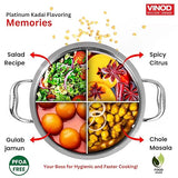 Metallic kadai with compartments labeled for different recipes and flavors, featuring Vinod Intelligent Cookware branding.