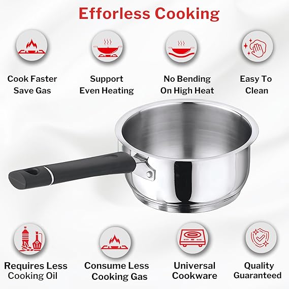Vinod Tivoli Stainless Steel Saucepan - Heavy Gauge 18/8 SS Body, Scratch Resistant Mirror Polish | Vinod Cookware India