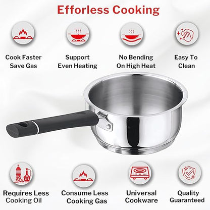 Vinod Tivoli Stainless Steel Saucepan - Heavy Gauge 18/8 SS Body, Scratch Resistant Mirror Polish | Vinod Cookware India