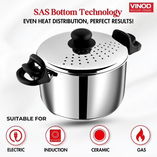 Vinod Pasta Pot with Strainer Lid - Easy Drain Bakelite Locking Handles | Vinod Cookware