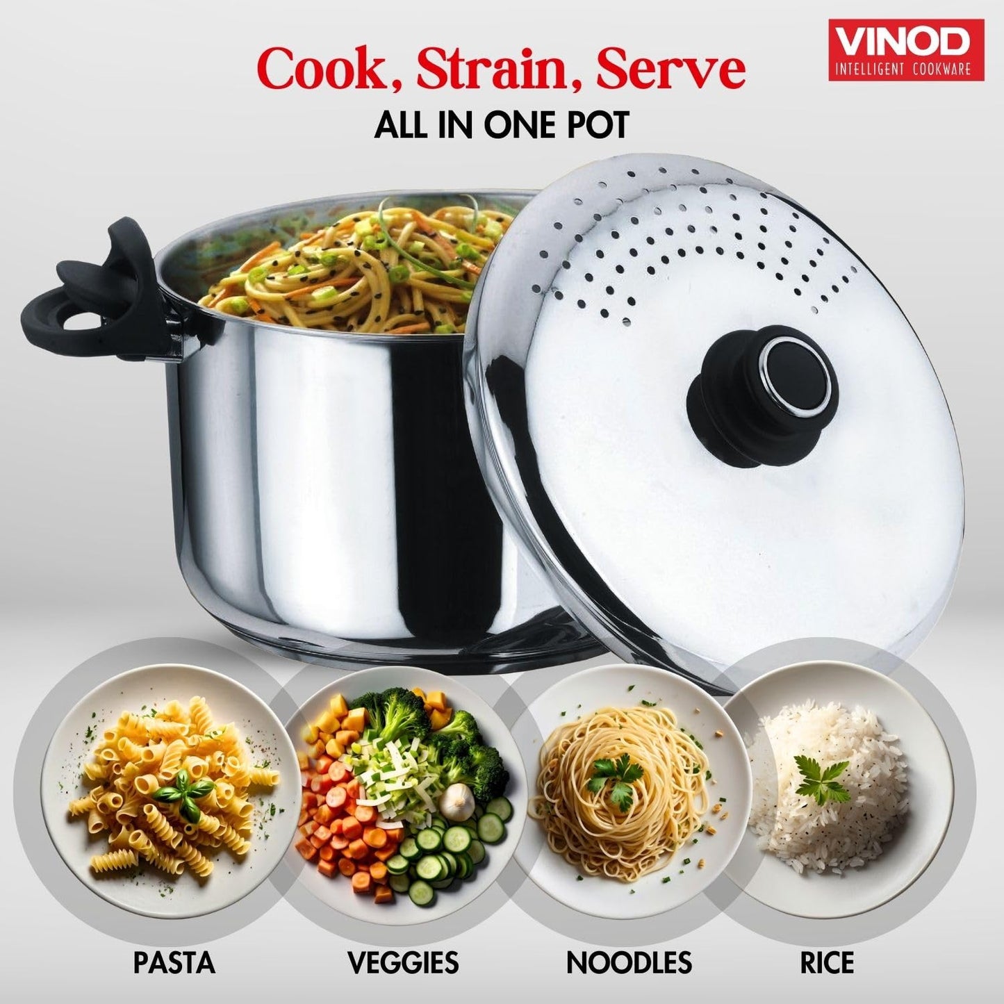Vinod Pasta Pot 4L 6.8L - Induction Friendly AISI 202 Food Grade Steel | Vinod Cookware