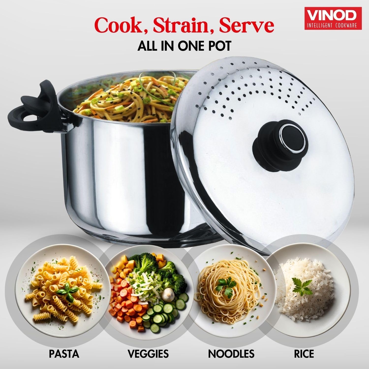 Vinod Pasta Pot 4L 6.8L - Induction Friendly AISI 202 Food Grade Steel | Vinod Cookware