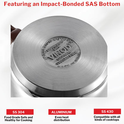 Close-up of a pot lid with 'Vinod' branding, highlighting features like impact-bonded SAS bottom.