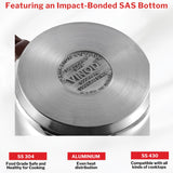 Close-up of a pot lid with 'Vinod' branding, highlighting features like impact-bonded SAS bottom.