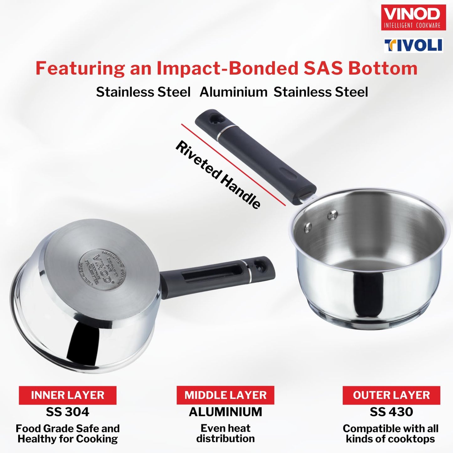 Vinod Tivoli Saucepan Size Range - 14cm, 16cm, 18cm and 20cm Variants, With and Without Lid | Vinod Cookware India