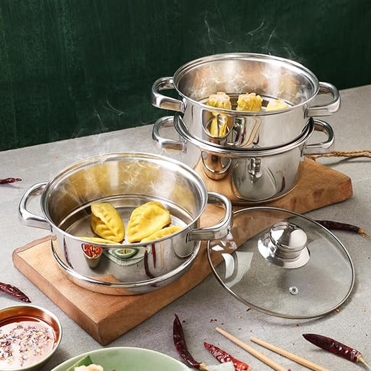 Vinod Stainless Steel 3 Tier Steamer with Glass Lid 18cm to 30cm - Induction Friendly | Vinod Cookware