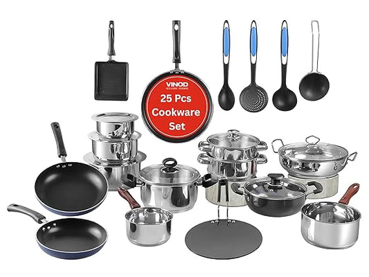 Vinod Kitchen In The Box 25pc Cookware Set - Complete Kitchen Starter Kit with Stainless Steel Topes, Saucepans, Kadai, Tawa and Accessories | Vinod Cookware India