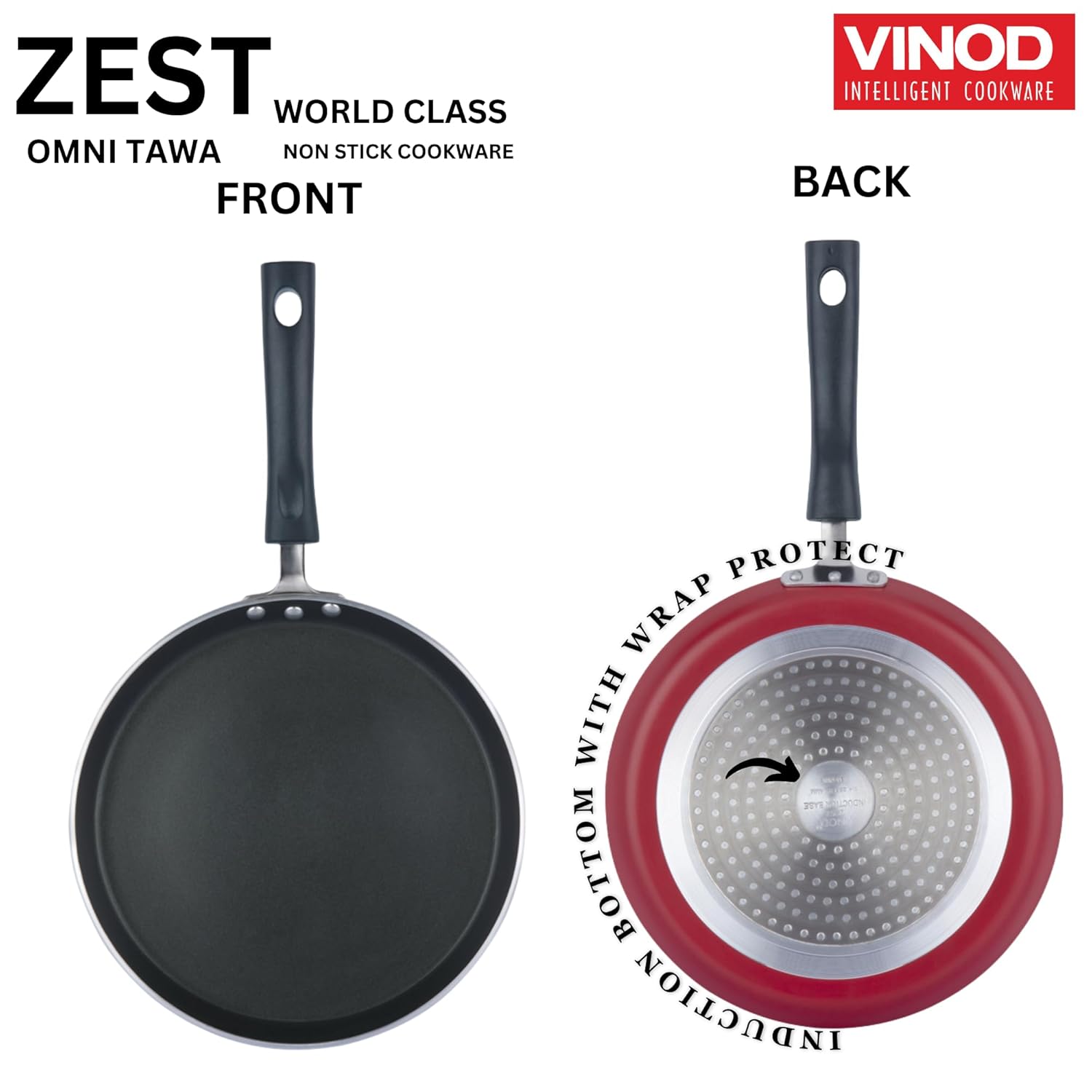 Zest Omni Tawa non-stick cookware with induction bottom, front and back views, branded as Vinod.