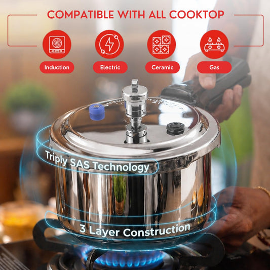 Vinod Platinum Triply Stainless Steel Pressure Cooker - Product Studio Shot | Vinod Cookware India