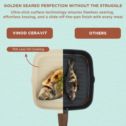 Vinod Ceravit Grill Pan - Grilling Paneer Vegetables Fish 75% Less Oil | Vinod Cookware