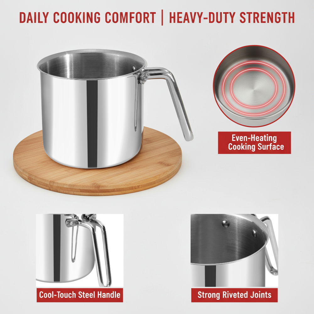 Stainless steel pot with features highlighted on a white background