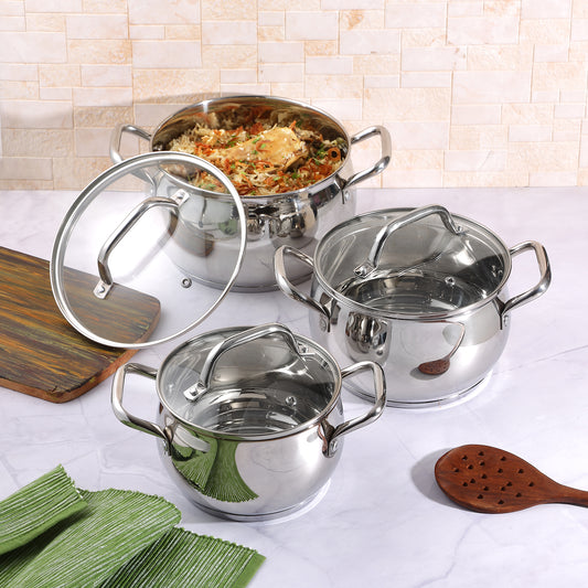 Vinod Almaty Saucepot 3pc Set 14cm 16cm 18cm with Glass Lids - Induction Friendly | Vinod Cookware