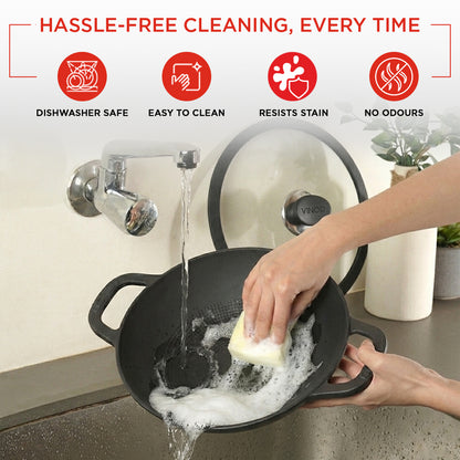 Person washing a black frying pan with soap in a kitchen, with text about cleaning properties.