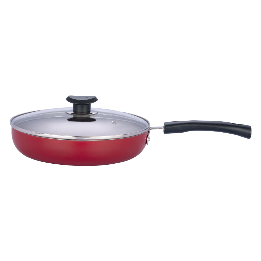 Red nonstick frying pan with a transparent glass lid and black ergonomic handle, suitable for everyday cooking.
