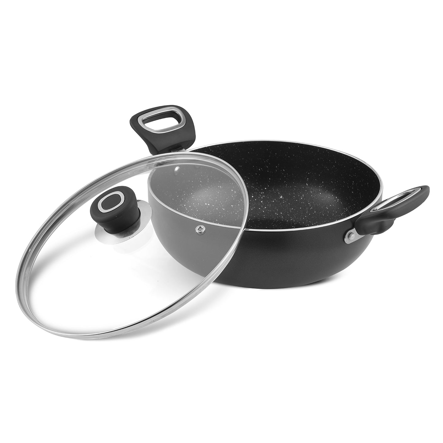 Marlibo Nonstick Kadai with removable glass lid and sturdy side handles, ideal for versatile everyday cooking.