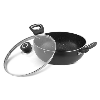 Marlibo Nonstick Kadai with removable glass lid and sturdy side handles, ideal for versatile everyday cooking.