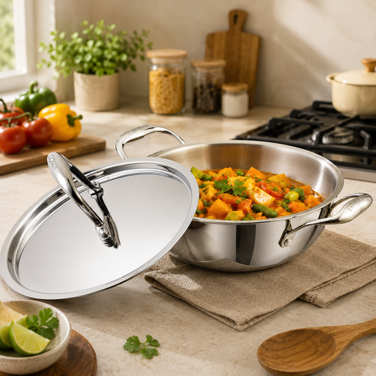 Vinod Platinum Triply Stainless Steel Extra Deep Kadai with Lid