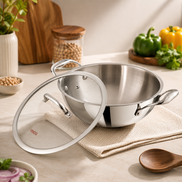 Vinod Platinum Triply Stainless Steel Extra Deep Kadai with Lid
