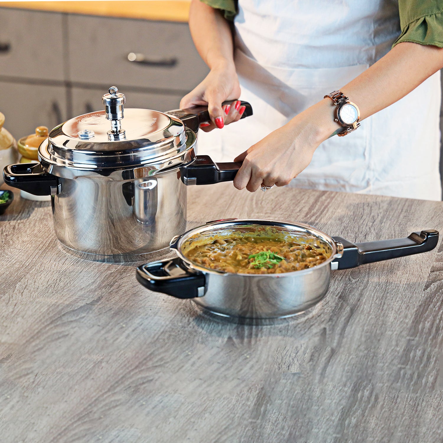 Vinod Combo Set - Regular Outer Lid Pressure Cooker with Deep Pan Pressure Cooker and Common Lid, Induction Friendly, Available in 3 Sizes | Vinod Cookware India