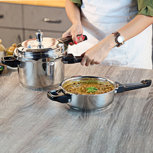 Vinod Combo Set - Regular Outer Lid Pressure Cooker with Deep Pan Pressure Cooker and Common Lid, Induction Friendly, Available in 3 Sizes | Vinod Cookware India