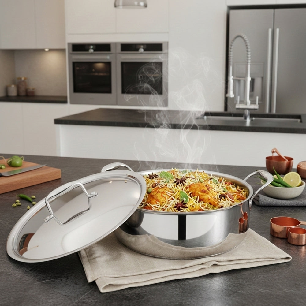 Stir-fry dish in a stainless steel pan on a kitchen counter with steam rising.