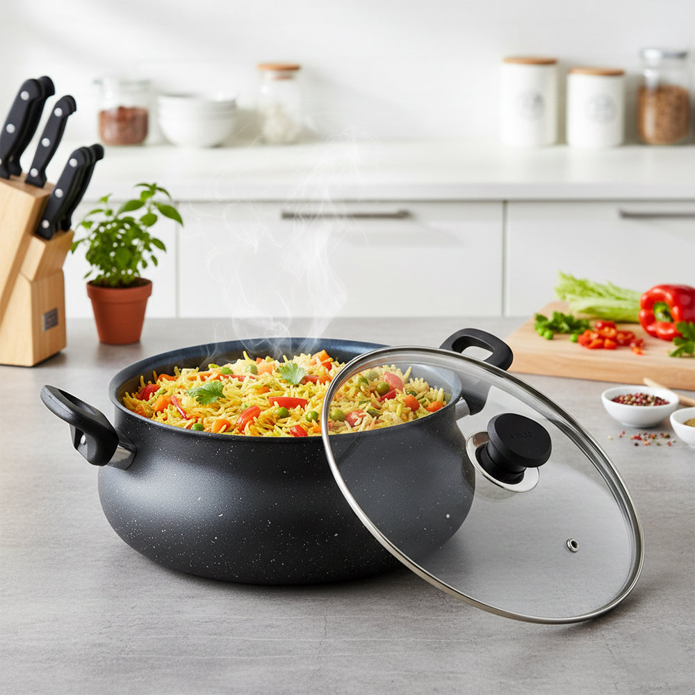 Vinod Zest Ceramica Handi - Cool Touch Bakelite Handles Lifestyle Shot | Vinod Cookware