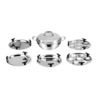 Set of stainless steel cookware on a white background