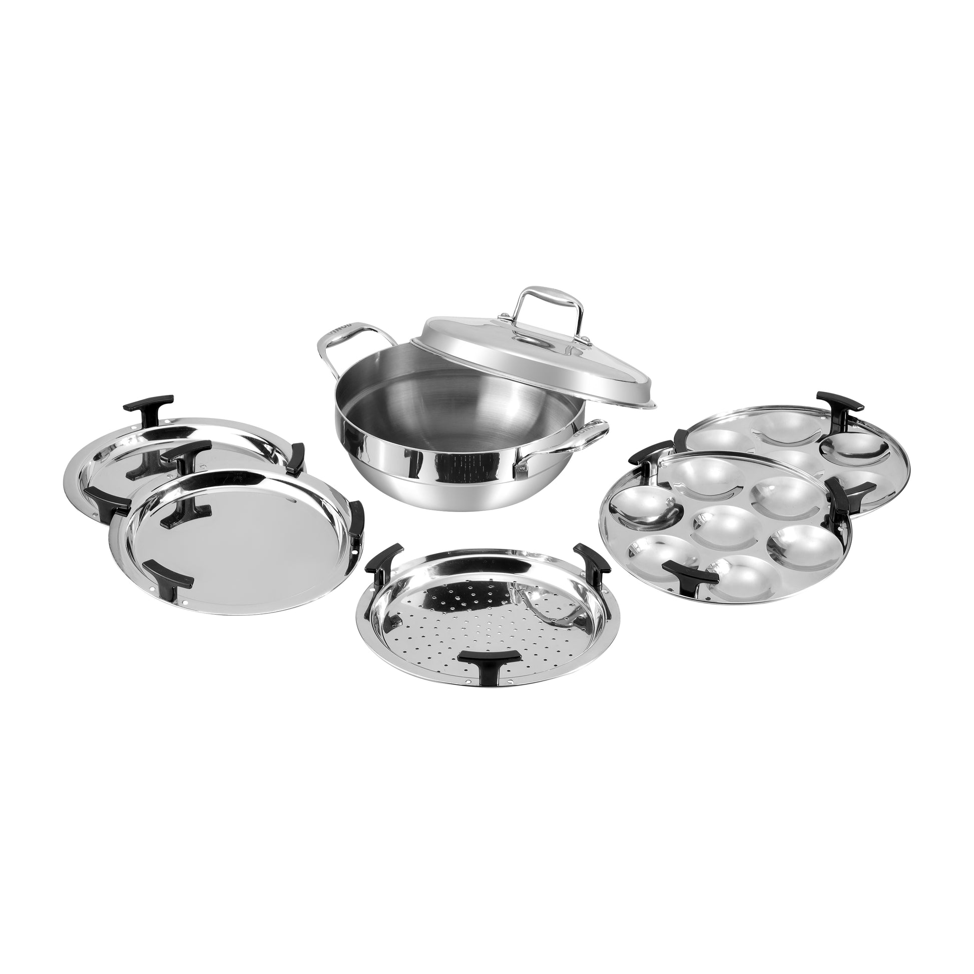 Set of stainless steel cookware pieces on a white background