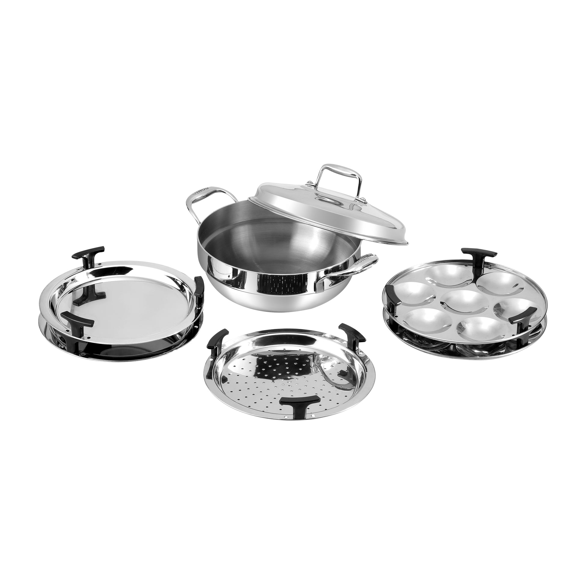 Set of stainless steel cookware including pots, pans, and lids on a white background