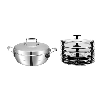 Stainless steel cookware set with a pot and steamer basket on a white background