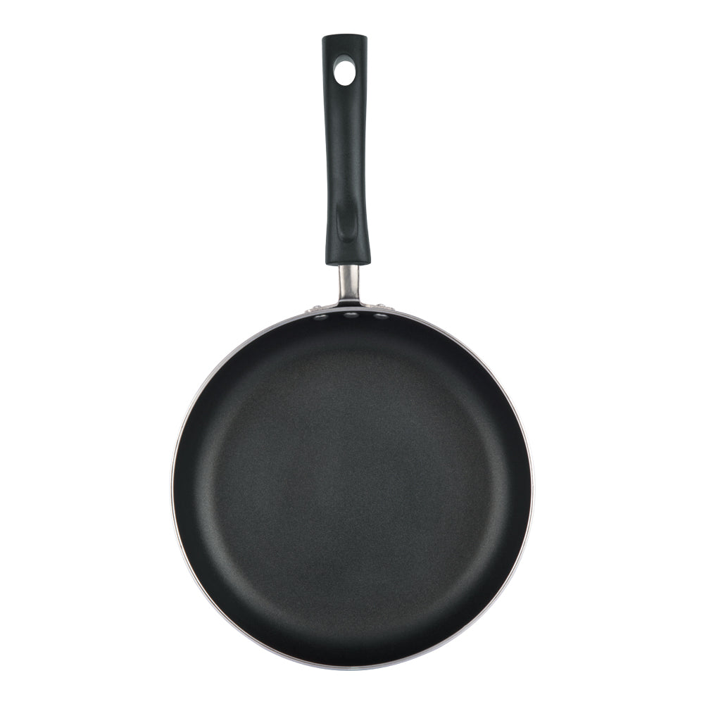 Top view of a nonstick frying pan with a smooth cooking surface and black ergonomic handle, ideal for everyday use.