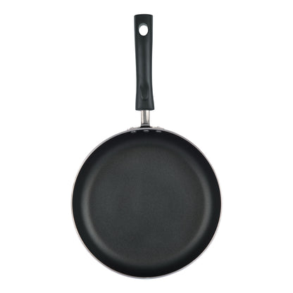 Top view of a nonstick frying pan with a smooth cooking surface and black ergonomic handle, ideal for everyday use.
