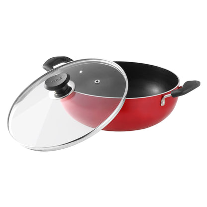  nonstick kadai with removable glass lid and side handles, ideal for versatile cooking and easy serving.