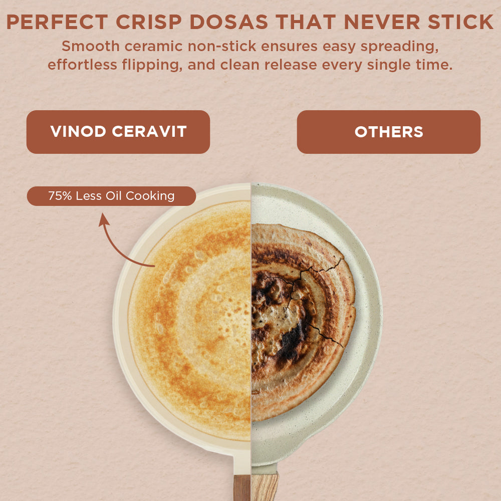 Vinod Ceravit Dosa Tawa - Desert Rose Ceramic vs Regular Comparison | Vinod Cookware