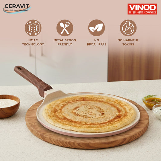 Vinod Ceravit Dosa Tawa Desert Rose 27cm 30cm - PFOA Free Ceramic Non-Stick Induction Friendly | Vinod Cookware