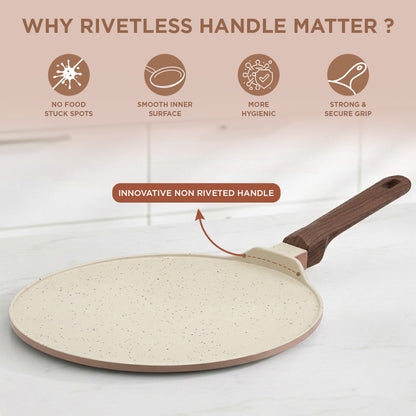 Vinod Ceravit Dosa Tawa Desert Rose - Riveted Wooden Stay Cool Handle | Vinod Cookware