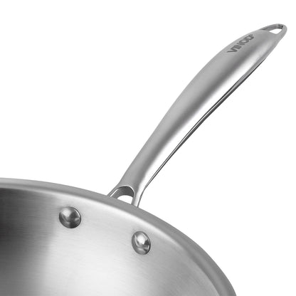 Vinod Platinum Triply Stainless Steel Wok 26cm - Ergonomic Handle View | Vinod Cookware India